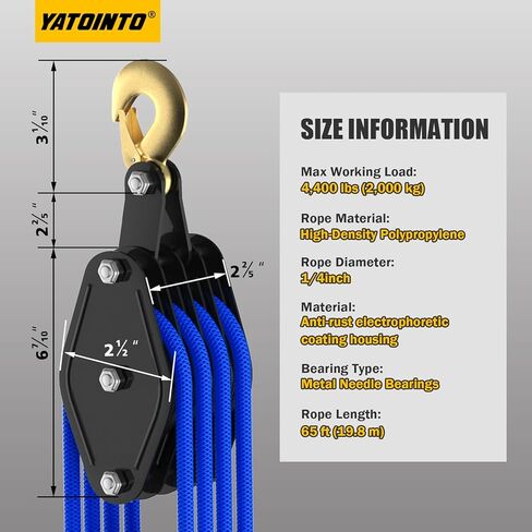 Rope Hoist Pulley System, 4400LB Pulley Block and Tackle, 8:1 Ratio Lifting Power 65ft, Heavy Duty Pulley Block for Hunting Lifting Heavy Objects Garage Warehouses Building (Blue) in Kuwait