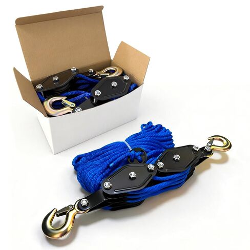 Rope Hoist Pulley System, 4400LB Pulley Block and Tackle, 8:1 Ratio Lifting Power 65ft, Heavy Duty Pulley Block for Hunting Lifting Heavy Objects Garage Warehouses Building (Blue) in Kuwait