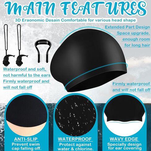 Outus 3 Piece Black Swim Accessories Set, Swim Nose Clip Water Ear Plugs with String and Silicone Swimming Cap, Nose Plug Swims Earplugs Swimming Caps with Storage Case for Men Women Adults Beginner in Saudi Arabia