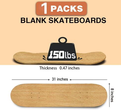 1 PCS Blank Skateboard Decks, 8 x 31 inch 7-Layer Maple Double-Tail Skateboard, Ideal for Painting, and Wall Decoration in Kuwait