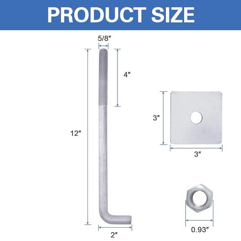 5/8" x 12" Concrete Anchor Bolts (10 Pack) L Shaped with Large Square Plate Washers, Hot-Dip Galvanized in Kuwait