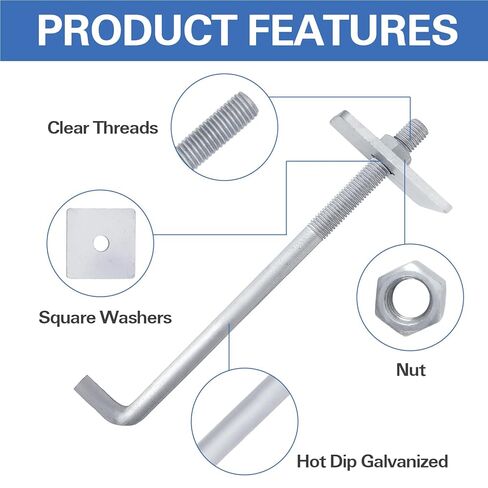 5/8" x 12" Concrete Anchor Bolts (10 Pack) L Shaped with Large Square Plate Washers, Hot-Dip Galvanized in Kuwait
