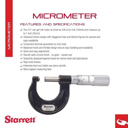 Starrett Rounded Anvil Outside Micrometer with One-Piece Spindle, Satin Chrome Finish and Advanced Sleeve Design - Quick and Easy Adjustment, 0-1" Range, .001" Graduation - 211XP in Saudi Arabia