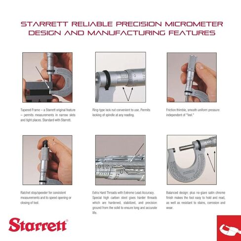 Starrett Rounded Anvil Outside Micrometer with One-Piece Spindle, Satin Chrome Finish and Advanced Sleeve Design - Quick and Easy Adjustment, 0-1" Range, .001" Graduation - 211XP in Saudi Arabia