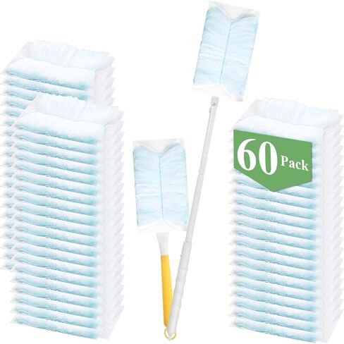 60 Pcs Disposable Dusters Refills, 180° Electrostatic Duster Refills Multi-Surface Microfibre Duster Replacement with 2 Pcs Handles for Cleaning Ceiling, Fan, Ceiling (Blue, Unscented) in Saudi Arabia