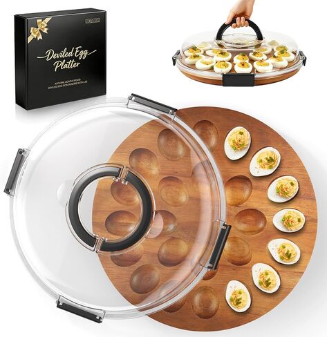 Deviled Egg Containers with Lid, Easter Gifts Set (24 Eggs), 2026 Upgraded Acacia Wooden Deviled Egg Tray Platter for Party and Home Kitchen, The Lid is Dishwasher Safe (Black) in Saudi Arabia