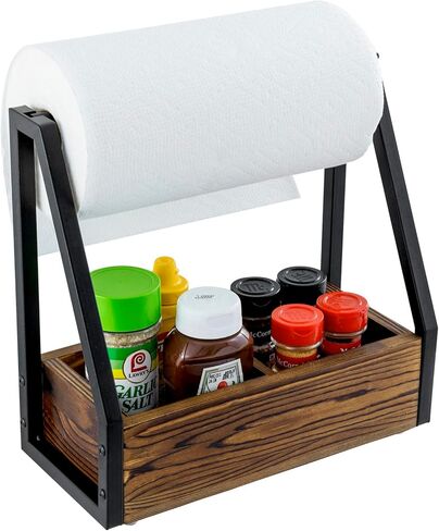 MyGift Kitchen Paper Towel Holder, Industrial Matte Black Metal and Solid Wood with Condiment Bottle and Spice Jar Storage Tray in Saudi Arabia