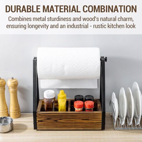 MyGift Kitchen Paper Towel Holder, Industrial Matte Black Metal and Solid Wood with Condiment Bottle and Spice Jar Storage Tray in Saudi Arabia