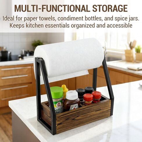 MyGift Kitchen Paper Towel Holder, Industrial Matte Black Metal and Solid Wood with Condiment Bottle and Spice Jar Storage Tray in Saudi Arabia