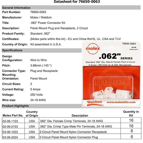 Molex (6 Set) 2-Pin Connector Kit 0.062" , 24 AWG to 18 AWG Socket Connectors in Kuwait