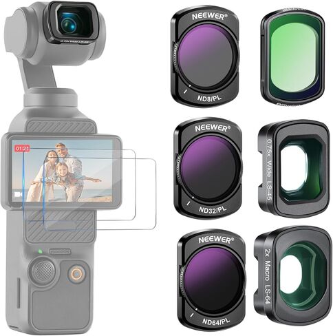 NEEWER Lens Kit Compatible with DJI Osmo Pocket 3 Creator Combo Accessories, 0.75X Wide Angle (108° FOV) + 1.2X Blue Anamorphic Cinematic Effect Lens Set + 2X Screen Protector, FL-C02 in Kuwait