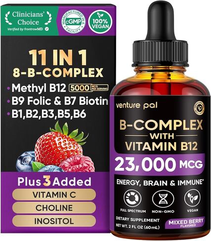 Venture Pal Vitamin B Complex Liquid Drops, B12 Methylcobalamin | B9 Folic | B1,B2,B3,B5,B6,B16 - Vitamin C, Choline, Inositol, Immune & Energy Metabolism, Brain & Heart Support in Saudi Arabia