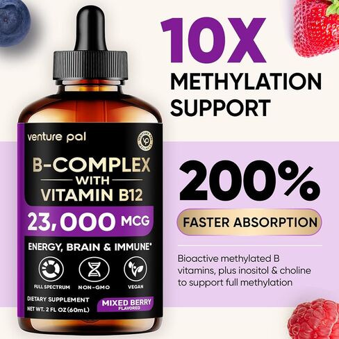 Venture Pal Vitamin B Complex Liquid Drops, B12 Methylcobalamin | B9 Folic | B1,B2,B3,B5,B6,B16 - Vitamin C, Choline, Inositol, Immune & Energy Metabolism, Brain & Heart Support in Saudi Arabia