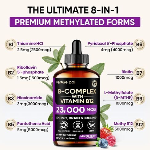 Venture Pal Vitamin B Complex Liquid Drops, B12 Methylcobalamin | B9 Folic | B1,B2,B3,B5,B6,B16 - Vitamin C, Choline, Inositol, Immune & Energy Metabolism, Brain & Heart Support in Saudi Arabia