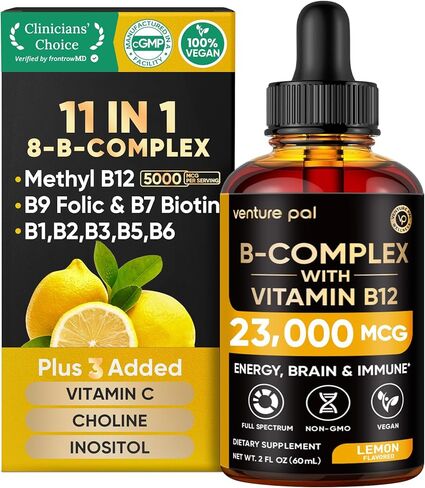 Venture Pal Vitamin B Complex Liquid Drops, B12 Methylcobalamin | B9 Folic | B1,B2,B3,B5,B6,B16 - Vitamin C, Choline, Inositol, Immune & Energy Metabolism, Brain & Heart Support in Kuwait