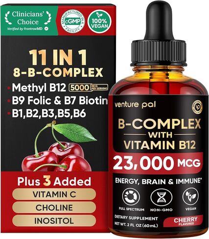 Venture Pal Vitamin B Complex Liquid Drops, B12 Methylcobalamin | B9 Folic | B1,B2,B3,B5,B6,B16 - Vitamin C, Choline, Inositol, Immune & Energy Metabolism, Brain & Heart Support in Saudi Arabia