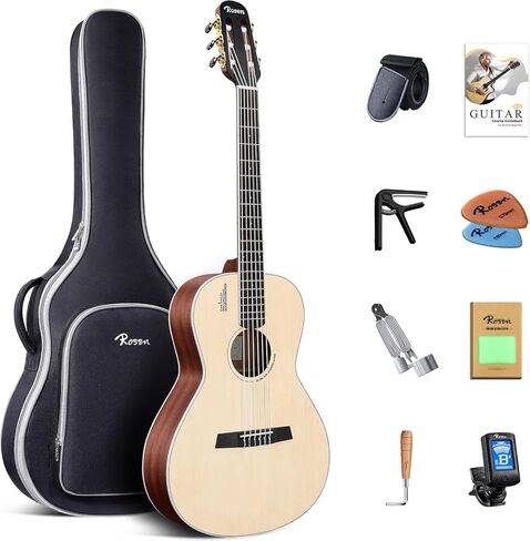 Rosen V1 Hybrid Acoustic Guitar for Beginners Adults Patented Body with Solid Spruce Top & Soft Touch Strings Thin Neck & Open Pore Matte 40 Inch,Natural in Kuwait
