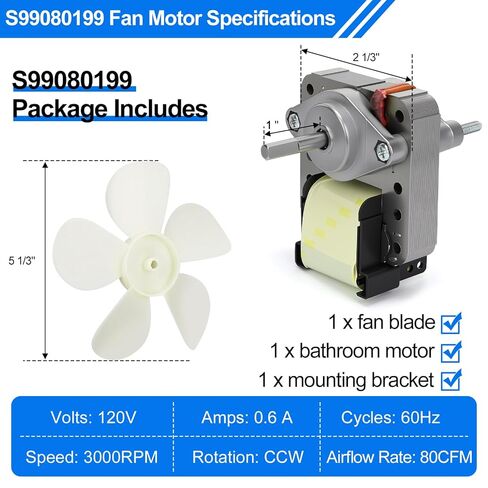 S99080199 محرك عادم الحمام - 80 CFM، 4.0 Sons محرك مروحة تهوية قوي، استبدال محرك مروحة العلية لـ 512، 512M، 673، 673-C، 8870، استبدال محرك مروحة الحمام 99080199 in Kuwait