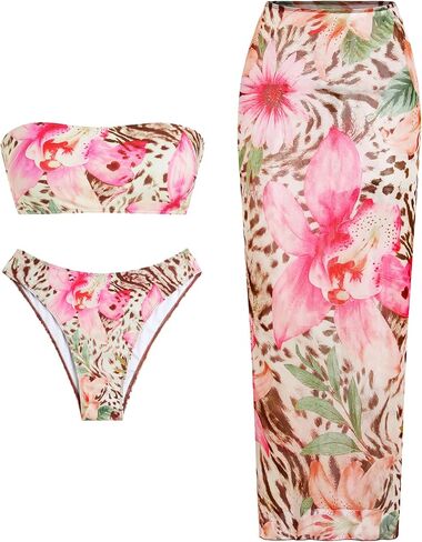 ZAFUL Womens 3pcs Swimsuit Floral Print Bandeau Bikini Set Triangle Bottom with Long Sheer Cover Up Skirt in Saudi Arabia