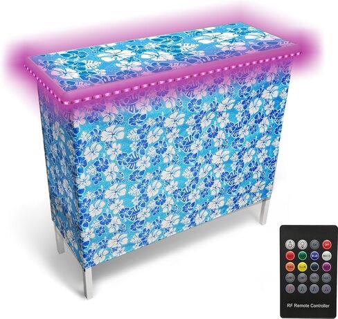 PARTYPONG Folding Portable Bar w/LED Lights, Wireless Remote, 2 Bar Skirts, Storage Shelf, & Carrying Case - Hawaiian in Kuwait