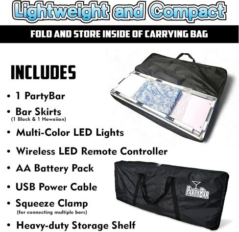 PARTYPONG Folding Portable Bar w/LED Lights, Wireless Remote, 2 Bar Skirts, Storage Shelf, & Carrying Case - Hawaiian in Kuwait