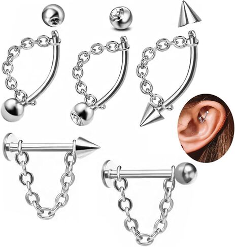 5 أجهزة كمبيوتر مثبتة لابريت شفة مثقبة مجوهرات 316L من الفولاذ المقاوم للصدأ 16G Tragus Helix Rook المجوهرات مع أقراط غضروف السلسلة للنساء الرجال in Saudi Arabia