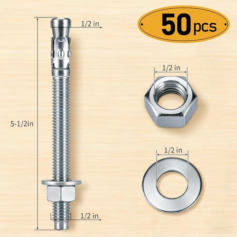 1/2" x 5-1/2" 50PCS Concrete Wedge Anchors,Heavy-Duty Cement Anchor Bolts with Zinc-Plated in Kuwait