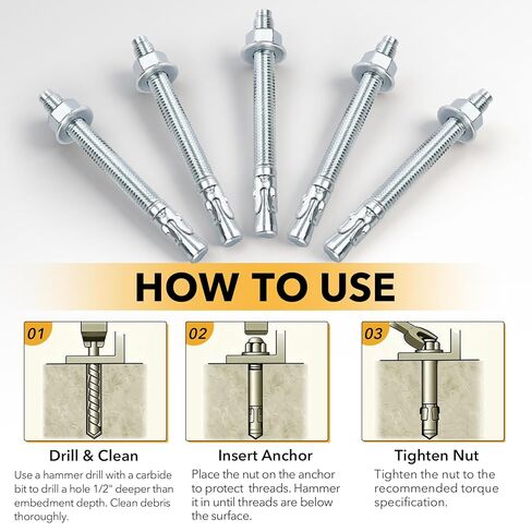 1/2" x 5-1/2" 50PCS Concrete Wedge Anchors,Heavy-Duty Cement Anchor Bolts with Zinc-Plated in Kuwait