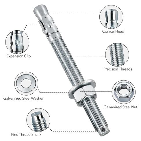 1/2" x 5-1/2" 50PCS Concrete Wedge Anchors,Heavy-Duty Cement Anchor Bolts with Zinc-Plated in Kuwait