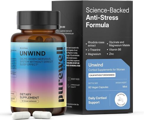 Unwind - Cortisol Supplements for Women - 60 Vegan Capsules - L Theanine Supplement + Magnesium + Rhodiola Rosea Extract + Zinc + Vitamin B6 in Saudi Arabia