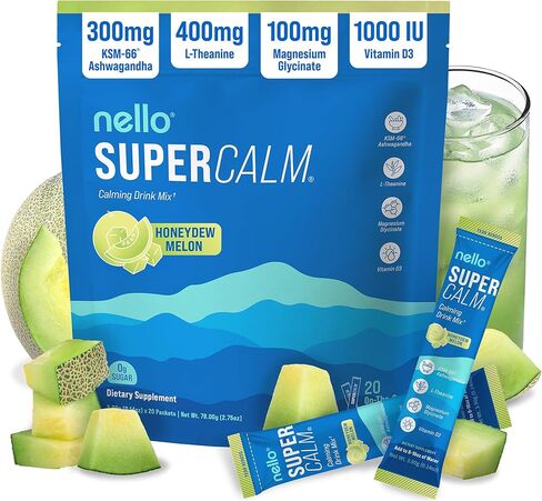 Nello Supercalm Powdered Drink Mix, Cortisol Reducer and Sleep Aid Supplement, L Theanine, Ksm-66 Ashwagandha, Magnesium Glycinate, Vitamin D 3, No Sugar, Non GMO, On The Go, 20 Ct, Honeydew Melon in Saudi Arabia