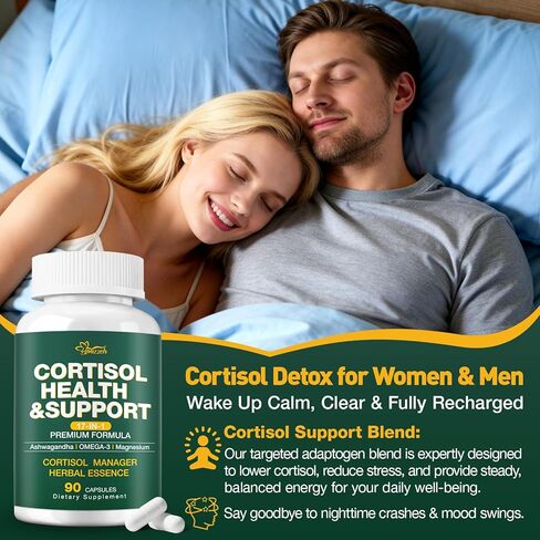 Cortisol Supplements for Women & Men, Cortisol Reducer with Magnesium, Ashwagandha & L-Theanine, Cortisol Manager for Sleep Support & Stress Relief, Cortisol Detox, Lower and Control 90 Capsules in Kuwait