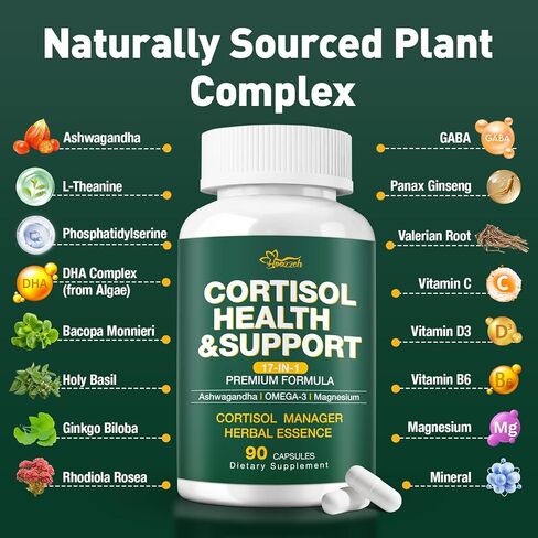 Cortisol Supplements for Women & Men, Cortisol Reducer with Magnesium, Ashwagandha & L-Theanine, Cortisol Manager for Sleep Support & Stress Relief, Cortisol Detox, Lower and Control 90 Capsules in Kuwait