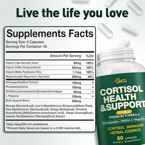 Cortisol Supplements for Women & Men, Cortisol Reducer with Magnesium, Ashwagandha & L-Theanine, Cortisol Manager for Sleep Support & Stress Relief, Cortisol Detox, Lower and Control 90 Capsules in Kuwait