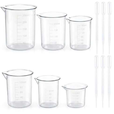 Plastic Beaker Set, 6 Sizes Low Form Measuring Graduated Polypropylene Beakers - 25ml, 50ml, 100ml, 150ml, 200ml, 250ml for Science Lab Classrooms Home with 6 Plastic Droppers in 3 ml in Saudi Arabia