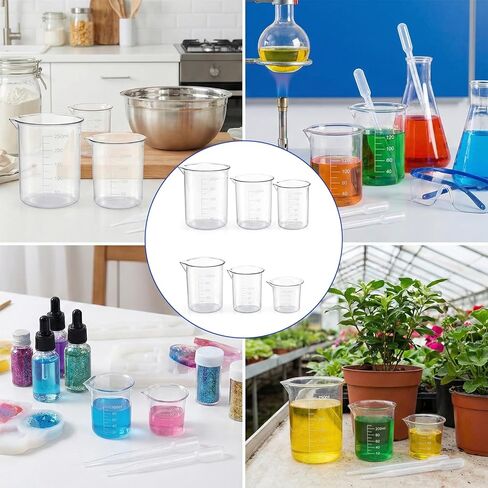 Plastic Beaker Set, 6 Sizes Low Form Measuring Graduated Polypropylene Beakers - 25ml, 50ml, 100ml, 150ml, 200ml, 250ml for Science Lab Classrooms Home with 6 Plastic Droppers in 3 ml in Saudi Arabia