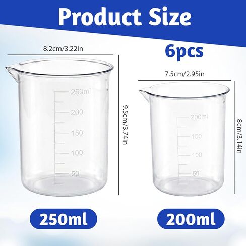 Plastic Beaker Set, 6 Sizes Low Form Measuring Graduated Polypropylene Beakers - 25ml, 50ml, 100ml, 150ml, 200ml, 250ml for Science Lab Classrooms Home with 6 Plastic Droppers in 3 ml in Saudi Arabia