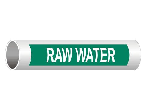 ComplianceSigns.com Raw Water (White Legend On Green Background) Pipe Label Decal, 8x2 inch 5-Pack Vinyl for Pipe Markers in Saudi Arabia
