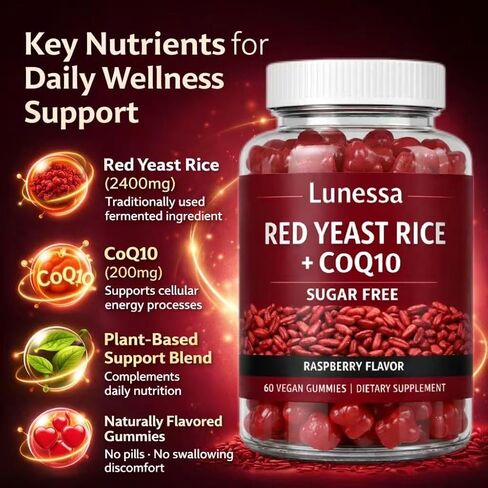 Lunessa Red Yeast Rice, with Red Yeast Rice 2400mg, CoQ10 200mg, Restores Body Vitality & Maintains Healthy Cholesterol Levels for Men & Women, Non-GMO, Vegan, Raspberry Flavor, 60 Gummies (1) in Saudi Arabia