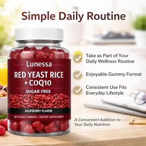 Lunessa Red Yeast Rice, with Red Yeast Rice 2400mg, CoQ10 200mg, Restores Body Vitality & Maintains Healthy Cholesterol Levels for Men & Women, Non-GMO, Vegan, Raspberry Flavor, 60 Gummies (1) in Saudi Arabia