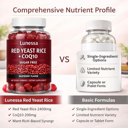 Lunessa Red Yeast Rice, with Red Yeast Rice 2400mg, CoQ10 200mg, Restores Body Vitality & Maintains Healthy Cholesterol Levels for Men & Women, Non-GMO, Vegan, Raspberry Flavor, 60 Gummies (1) in Saudi Arabia
