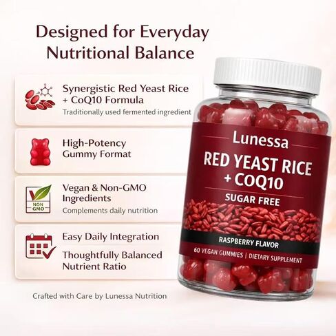 Lunessa Red Yeast Rice, with Red Yeast Rice 2400mg, CoQ10 200mg, Restores Body Vitality & Maintains Healthy Cholesterol Levels for Men & Women, Non-GMO, Vegan, Raspberry Flavor, 60 Gummies (1) in Saudi Arabia