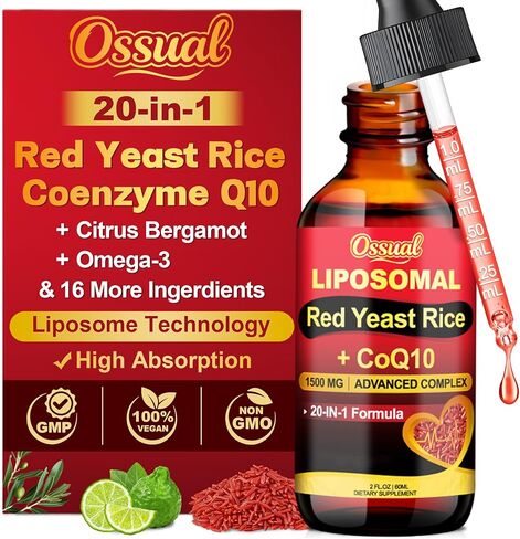 20-in-1 Liposomal 1500MG Red Yeast Rice with CoQ10 Drops, Cholesterol Supplement with Citrus Bergamot, Omega-3, Magnesium, Astaxanthin for Heart, Immune - Vegan, Citrinin-Free | 2 Fl OZ in Saudi Arabia