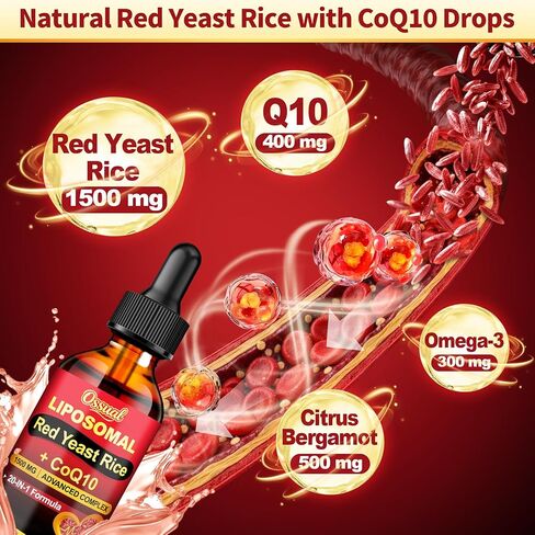 20-in-1 Liposomal 1500MG Red Yeast Rice with CoQ10 Drops, Cholesterol Supplement with Citrus Bergamot, Omega-3, Magnesium, Astaxanthin for Heart, Immune - Vegan, Citrinin-Free | 2 Fl OZ in Saudi Arabia