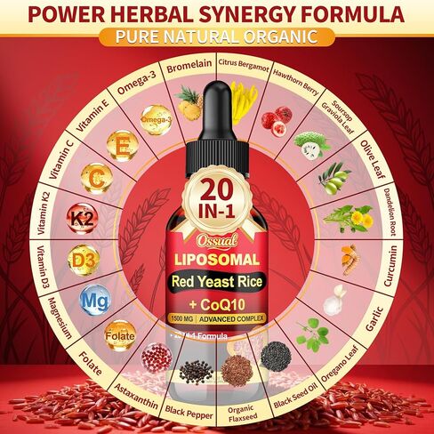 20-in-1 Liposomal 1500MG Red Yeast Rice with CoQ10 Drops, Cholesterol Supplement with Citrus Bergamot, Omega-3, Magnesium, Astaxanthin for Heart, Immune - Vegan, Citrinin-Free | 2 Fl OZ in Saudi Arabia