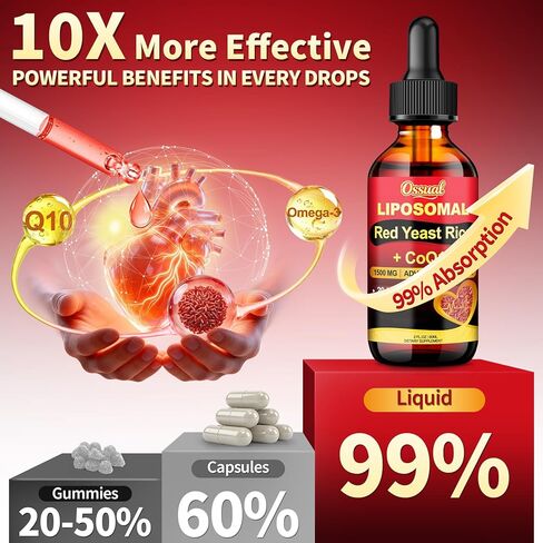 20-in-1 Liposomal 1500MG Red Yeast Rice with CoQ10 Drops, Cholesterol Supplement with Citrus Bergamot, Omega-3, Magnesium, Astaxanthin for Heart, Immune - Vegan, Citrinin-Free | 2 Fl OZ in Saudi Arabia