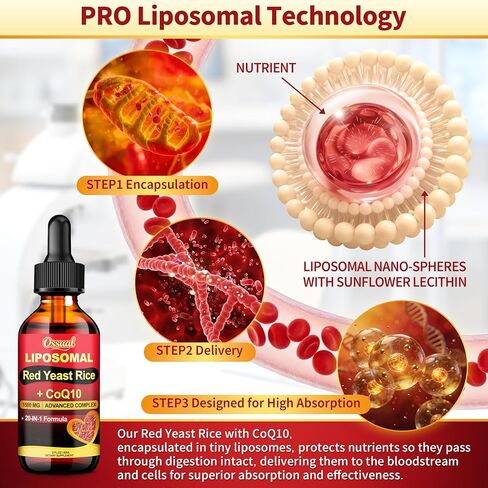 20-in-1 Liposomal 1500MG Red Yeast Rice with CoQ10 Drops, Cholesterol Supplement with Citrus Bergamot, Omega-3, Magnesium, Astaxanthin for Heart, Immune - Vegan, Citrinin-Free | 2 Fl OZ in Saudi Arabia