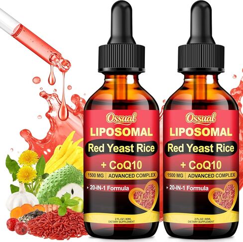 20-in-1 Liposomal 1500MG Red Yeast Rice with CoQ10 Drops, Cholesterol Supplement with Citrus Bergamot, Omega-3, Magnesium, Astaxanthin for Heart, Immune - Vegan, Citrinin-Free | 2 Fl OZ in Saudi Arabia