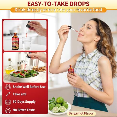 20-in-1 Liposomal 1500MG Red Yeast Rice with CoQ10 Drops, Cholesterol Supplement with Citrus Bergamot, Omega-3, Magnesium, Astaxanthin for Heart, Immune - Vegan, Citrinin-Free | 2 Fl OZ in Saudi Arabia
