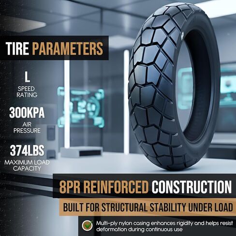 إطار 90/70-12، 90 70 12 نيوماتيكو 8PR، غلاف من النايلون المقوى بدون أنابيب، تصنيف تحميل 46 لتر، الحد الأقصى للحمل 374 رطلًا، مداس كتلة مركبة شبه ناعمة، ضغط مقدر 300 كيلو باسكال in Kuwait